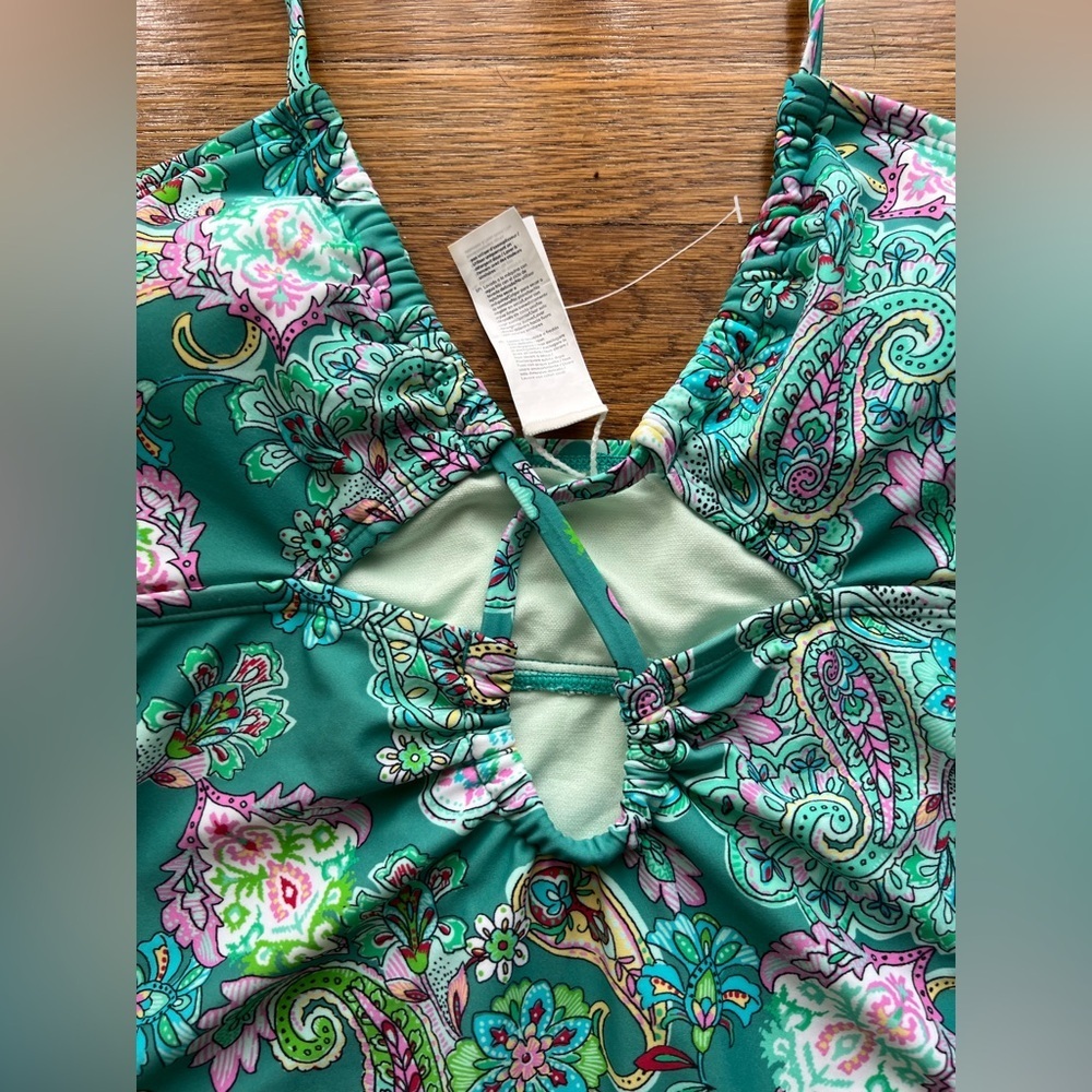 Green and Pink One Piece Swimsuit with Plunging V-Neck - Picture 4 of 4